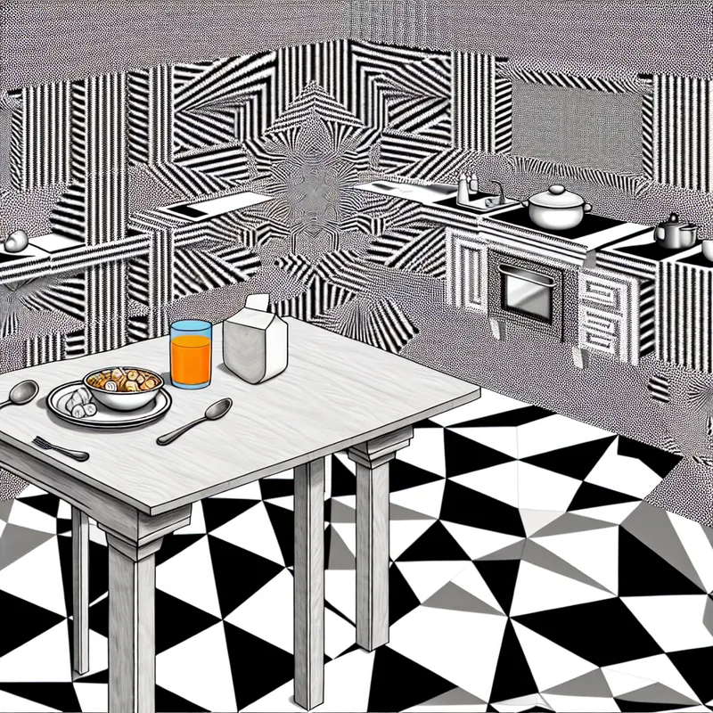 Surrealistisch ontbijttafereel met gebogen geometrische vormen en alledaagse ontbijtitems die visueel samensmelten met de omgeving.