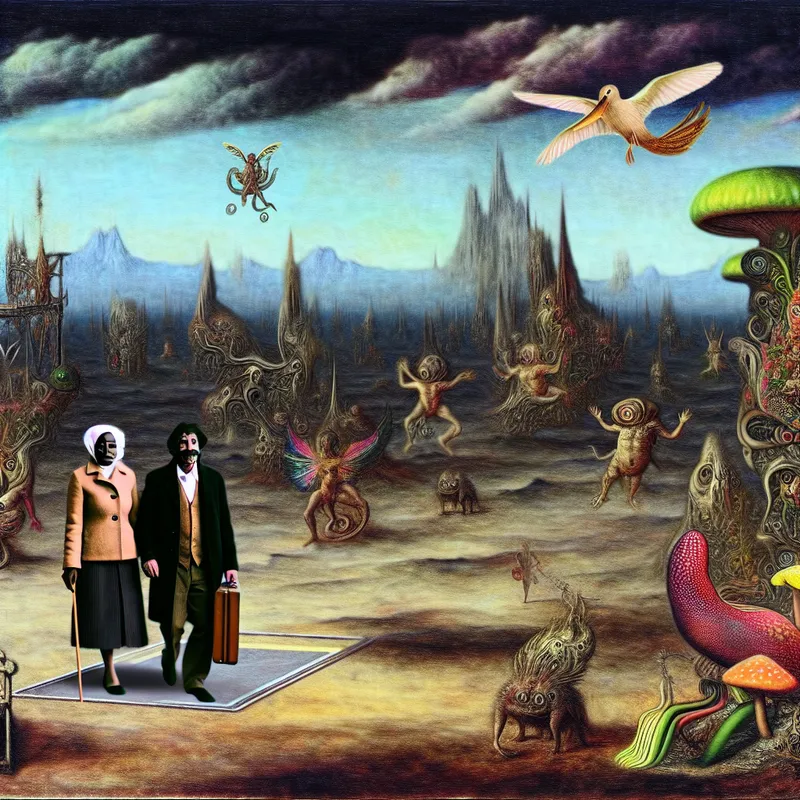 Surrealistisch landschap met een centrale plek waar een man en een vrouw aankomen, omringd door fantastische wezens en bizarre planten, geïnspireerd door de stijl van Hieronymus Bosch.