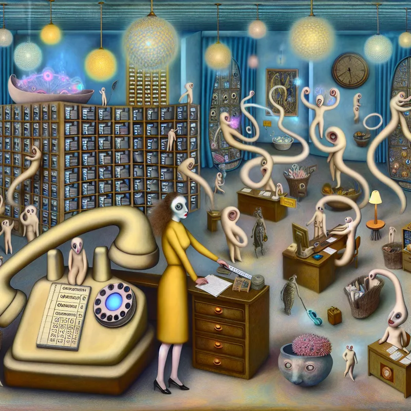 Surrealistische ontvangsthal met bizarre wezens en een receptionist die een enorme telefoon beantwoordt