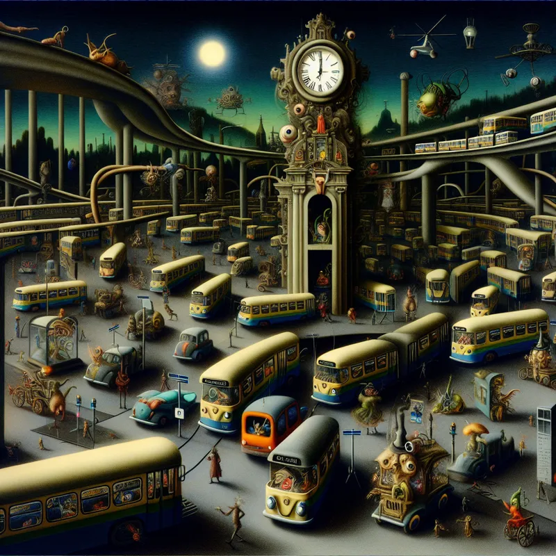 Surrealistisch openbaar vervoer knooppunt in de stijl van Hieronymus Bosch met bussen, trams en treinen in een droomachtige, chaotische setting