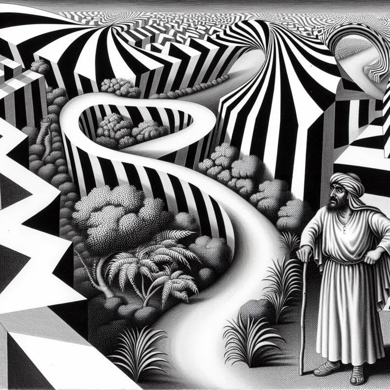 Surrealistisch pad met persoon die nieuwsgierig naar links kijkt, omringd door optische illusies en geometrische vormen.