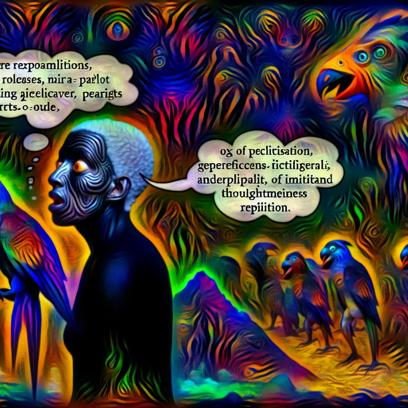 Surreële afbeelding van een personage dat met uitvergrote kenmerken een papegaai imiteert, omringd door fantasierijke wezens