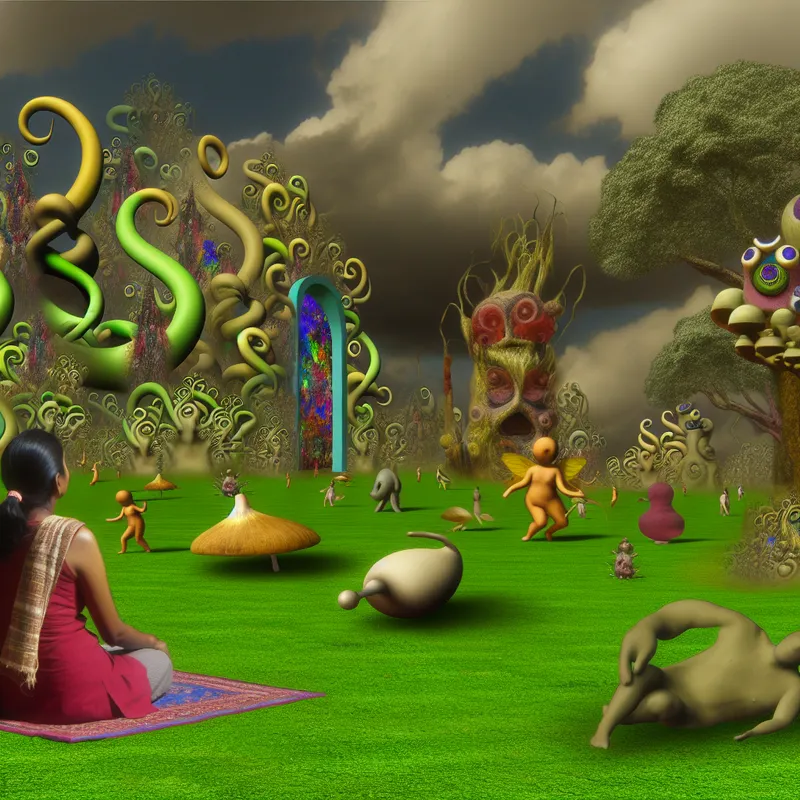 Een surrealistisch park met een vrouw op groen gras omringd door bizarre wezens en oversized bloemen, geïnspireerd door Hieronymus Bosch.