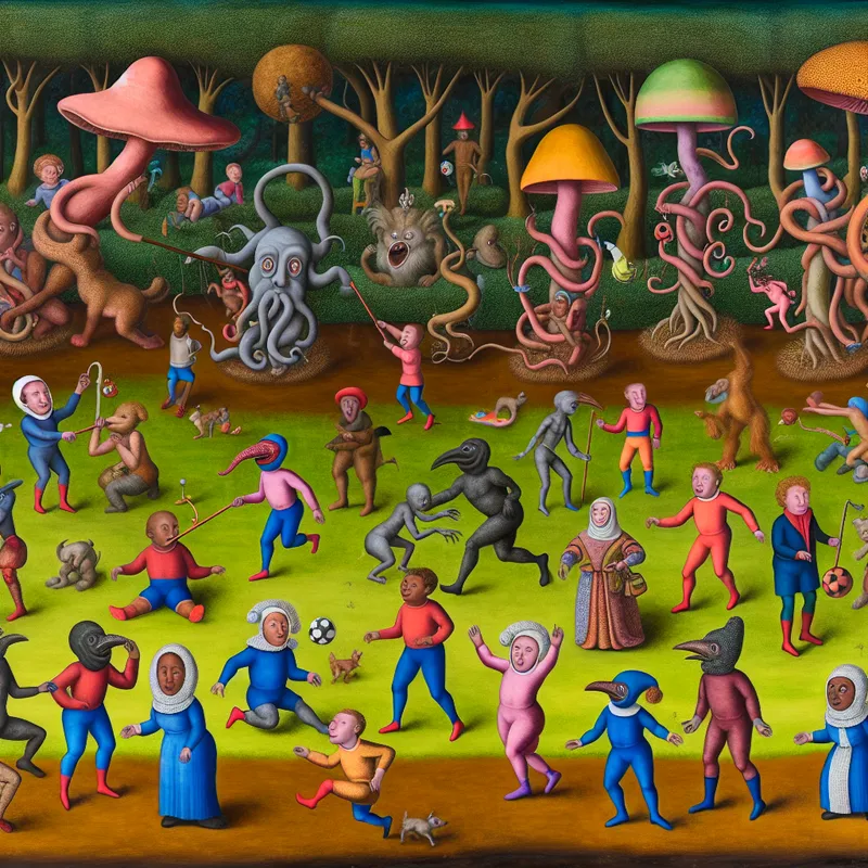 Een surrealistisch park met vrienden die spelen in een bizarre omgeving, geïnspireerd door Hieronymus Bosch.