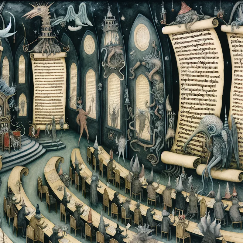 Surrealistische afbeelding van een duistere kamer die lijken op een parlementaire vergadering, gevuld met vreemde wezens en bizarre elementen.