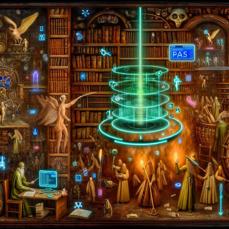 Surrealistisch kunstwerk in de stijl van Hieronymus Bosch van een futuristisch ziekenhuis met hybride wezens en een zwevend digitaal Patiënten Analyse Systeem (PAS) met holografische patiëntgegevens