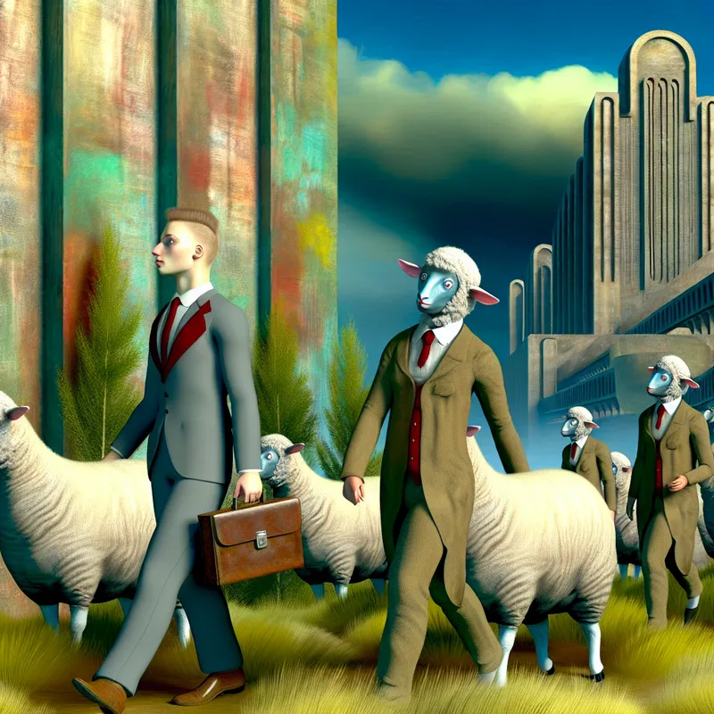 Surrealistisch landschap met een persoon in een mensenkostuum met schaapachtige kenmerken die een groep autoriteitsfiguren volgt