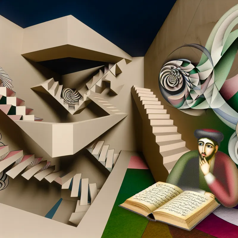 Surrealistische scène met een poetische figuur in een abstract landschap vol met complexe patronen en optische illusies.