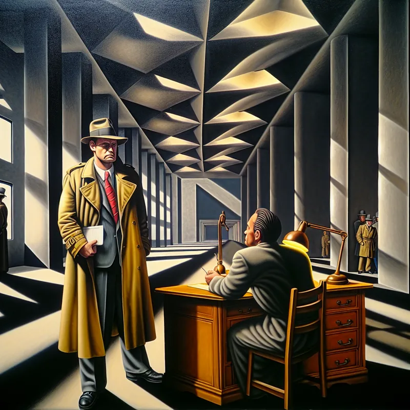 Hyperrealistisch schilderij van een strenge rechercheur in trenchcoat en fedora in een surrealistisch politiebureau, ondervragend een nerveuze getuige onder een eenzame bureaulamp