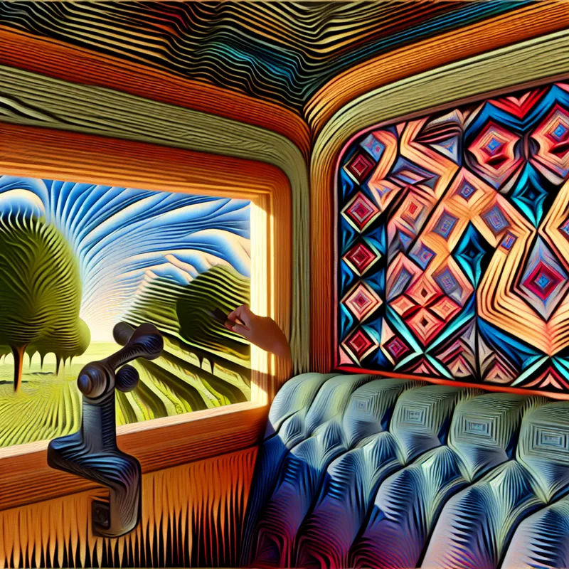 Een persoon die een raam opent in een voertuig, omringd door surrealistische geometrische patronen en een vervormd landschap.