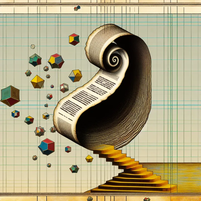 Surrealistisch en geometrisch beeld van een registratieformulier dat verschijnt uit een eindeloze trap, versierd met zwevende geometrische vormen die persoonlijke gegevens representeren.