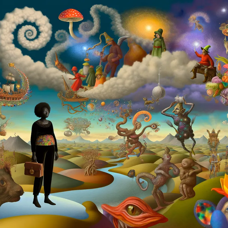 Een reiziger in een verrassend surrealistisch landschap vol bizarre wezens die verschillende emoties vertegenwoordigen, met een dramatische lucht vol wolken.