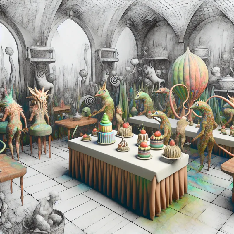 Een surrealistisch restaurantinterieur in de stijl van Hiëronymus Bosch, met fantastische wezens en planten.