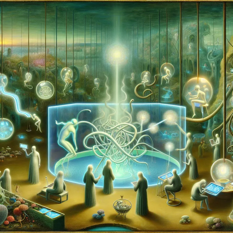 Surrealistisch tafereel geproduceerd door een samenwerking tussen bizarre wezens en droomachtige technologie in een Hieronymus Bosch-stijl.