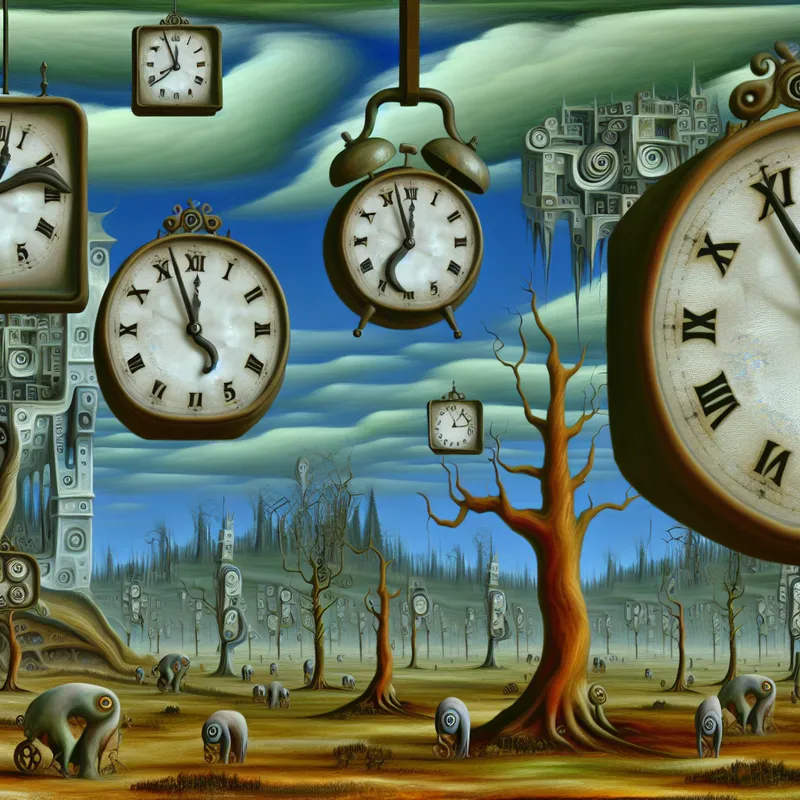 Surrealistische afbeelding van een schema met bizarre wezens en complexe klokken die verschillende tijden aangeven.