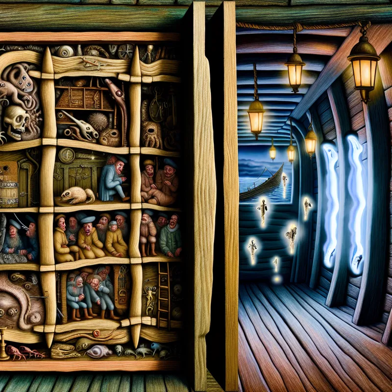 Surrealistisch schipinterieur met houten scheidingswand (schot) tussen slaapruimte en privé cabine, geïnspireerd op Hieronymus Bosch