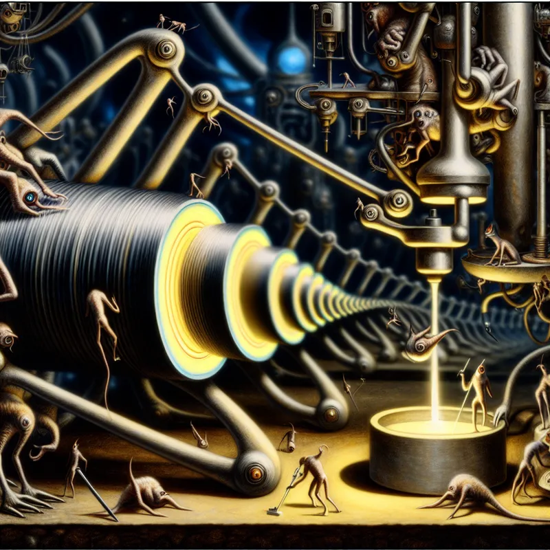 Surrealistisch tafereel van demonische wezens die met precisie schroefdraad snijden in een gloeiende metalen cilinder, geïnspireerd op Hieronymus Bosch