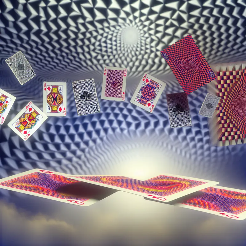 Surrealistische afbeelding van een drijvend spel kaarten die in elkaar overgaan in een droomachtige omgeving.