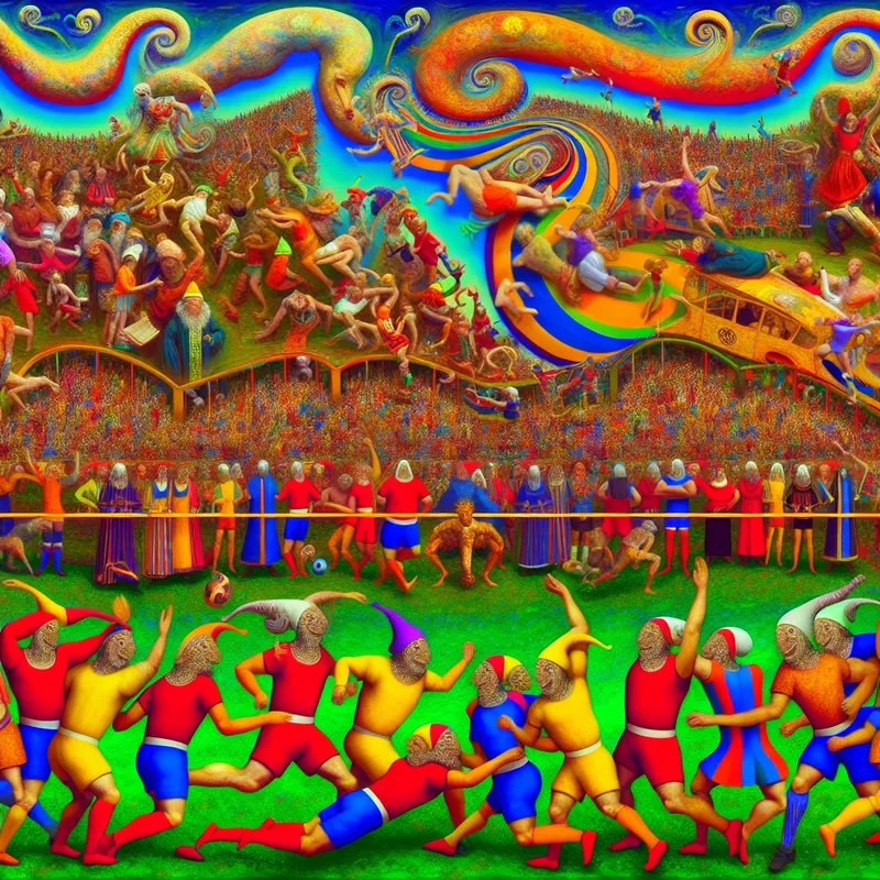 Surrealistische voorstelling van een competitief sportevenement met teams van kerklieden in kleurrijke outfitcombinaties.