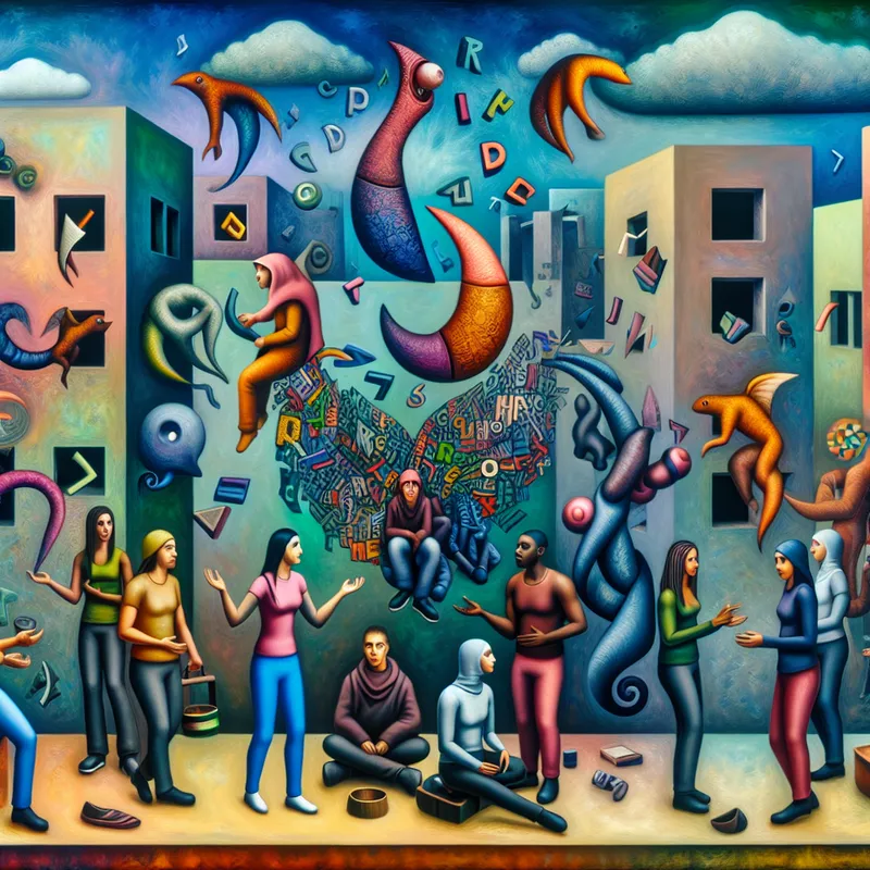 Een surrealistisch stadsbeeld met jonge mensen in gesprek omringd door kleurrijke, zwevende wezens die slang visualiseren.