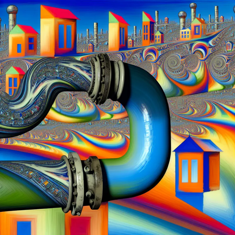 Surrealistisch landschap met abstracte waterleidingen en geometrische vormen, geïnspireerd op M.C. Escher.