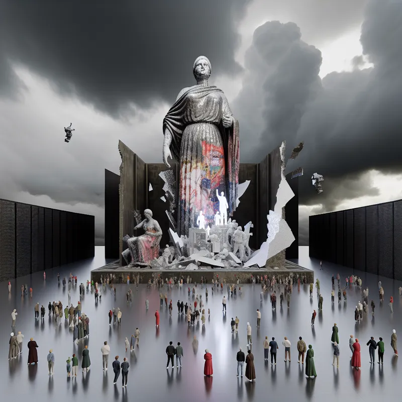 Een surrealistisch beeld van een torenhoge, vervallen vrouwenstandbeeld met een woedende uitdrukking, omringd door donkere wolken en stormachtige luchten, met graffiti featuring het woord 'bitch'.