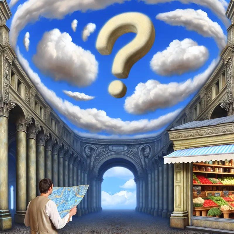 Een persoon staat voor een grote kaart in een surrealistisch stedelijk landschap, met een vraagteken erboven, zoekend naar een specifieke plaats.