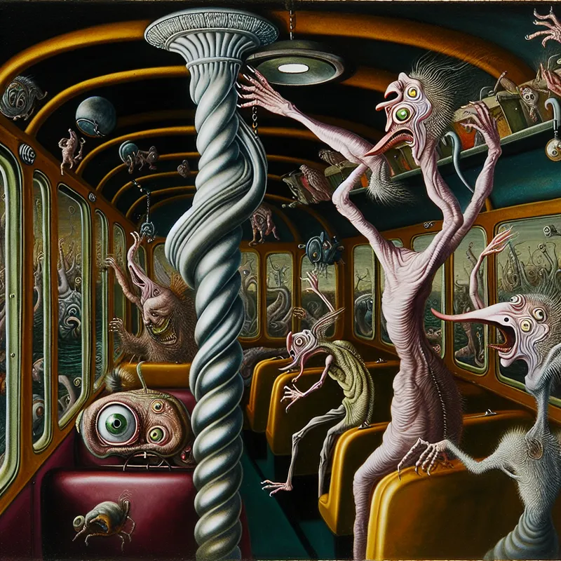 Surrealistisch tafereel van bizarre wezens die zich vastklampen aan een kronkelige metalen stang in een chaotische bus, symboliserend steun zoeken om niet te vallen