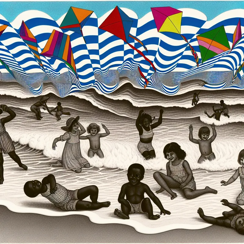 Kinderen spelen op een surrealistisch strand geïnspireerd door M.C. Escher, met geometrische patronen en kleurrijke vliegers