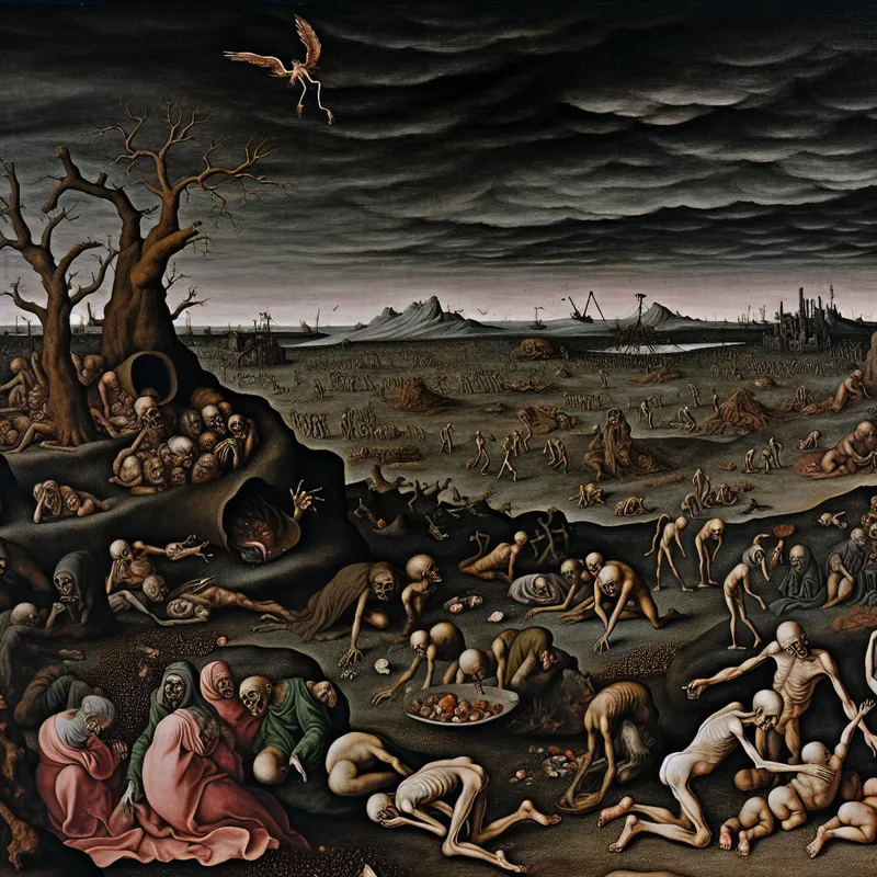 Surrealistisch tafereel van honger en voedseltekort in de stijl van Hieronymus Bosch met uitgemergelde figuren en een bar landschap