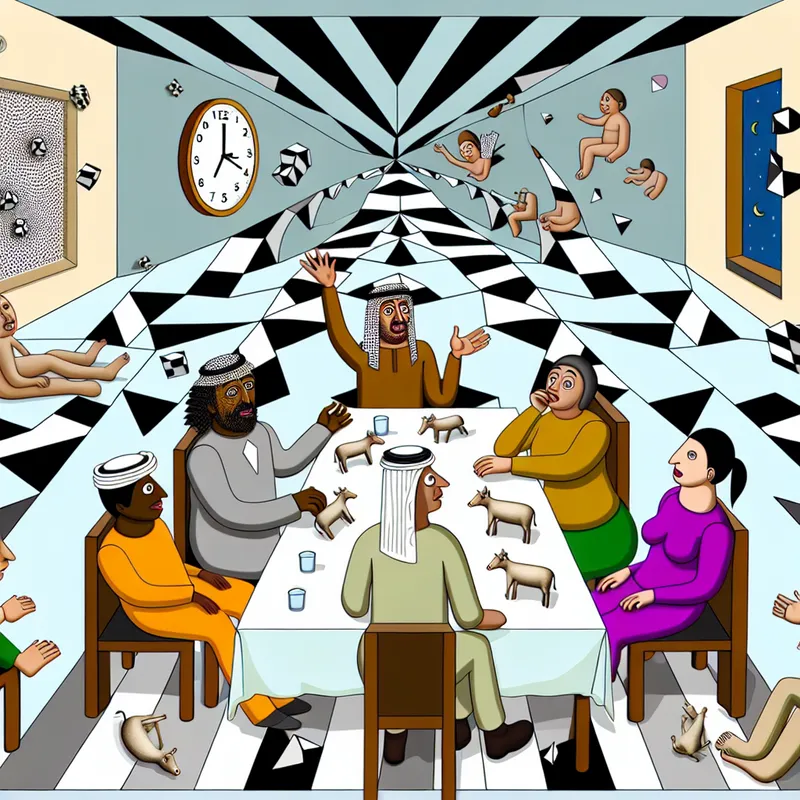 Groep mensen rond een tafel in een surrealistische, geometrische omgeving met verwarrende vormen en objecten die triviale onderwerpen uitbeelden.