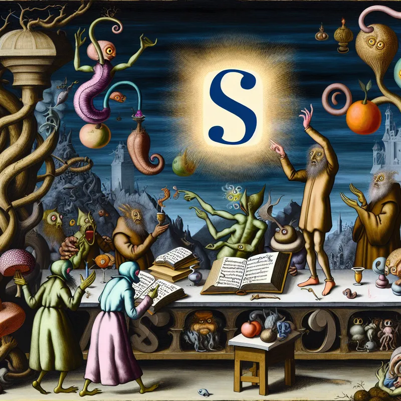 Een surrealistisch tafereel geïnspireerd door Hieronymus Bosch, met fantasierijke wezens rond een gedetailleerde tafel, waar een groot manuscript het symbool 's' toont.