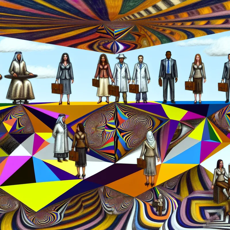 Een surrealistisch kunstwerk geïnspireerd door M.C. Escher, met een diverse groep mensen die op geometrische platforms staan, elk symboliserend hun unieke rol binnen het team.