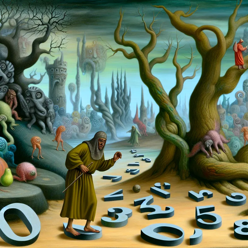 Een persoon die op gigantische surrealistische cijfers stapt in een bizarre omgeving vol afleidingen.