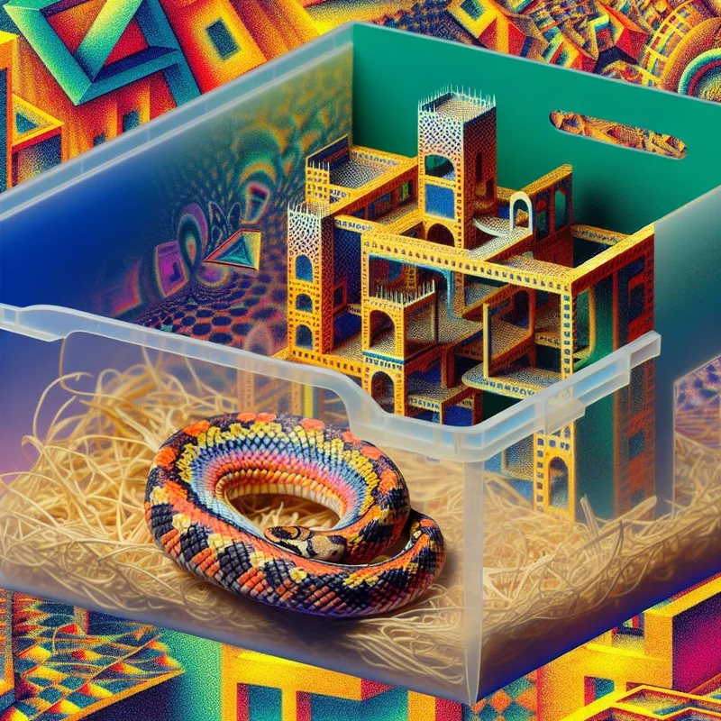 Een kleine pet slang in een geometrisch terrarium met surrealistische patronen en illusies geïnspireerd door M.C. Escher