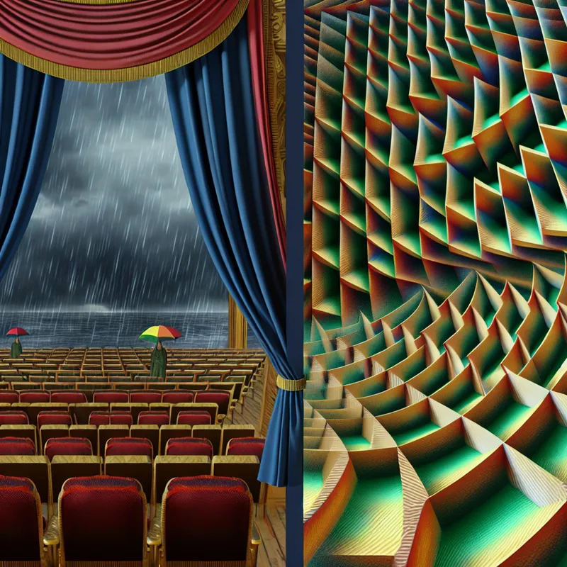 Een surrealistisch theater met een gesloten gordijn, waarin de regenstorm buiten te zien is, symboliseert teleurstelling over een geannuleerde voorstelling.