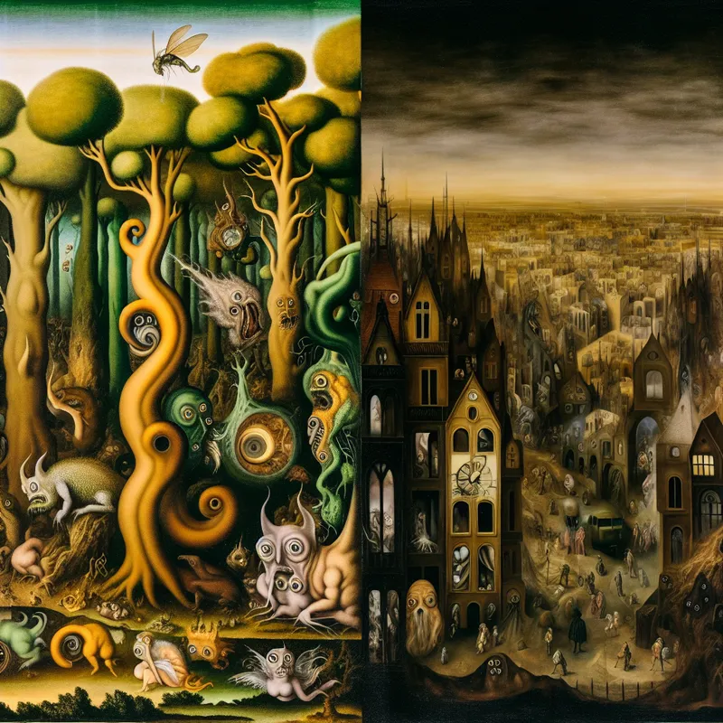 Surrealistisch landschap in de stijl van Hieronymus Bosch dat de transformatie van een oude, mysterieuze wildernis naar een moderne stad toont, met hybride wezens en tijdloze details