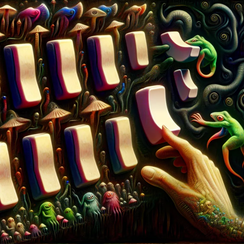 Een surrealistisch beeld van een fantasie toetsenbord met kleine toetsen en vreemde wezens die interactie hebben met de toetsen.