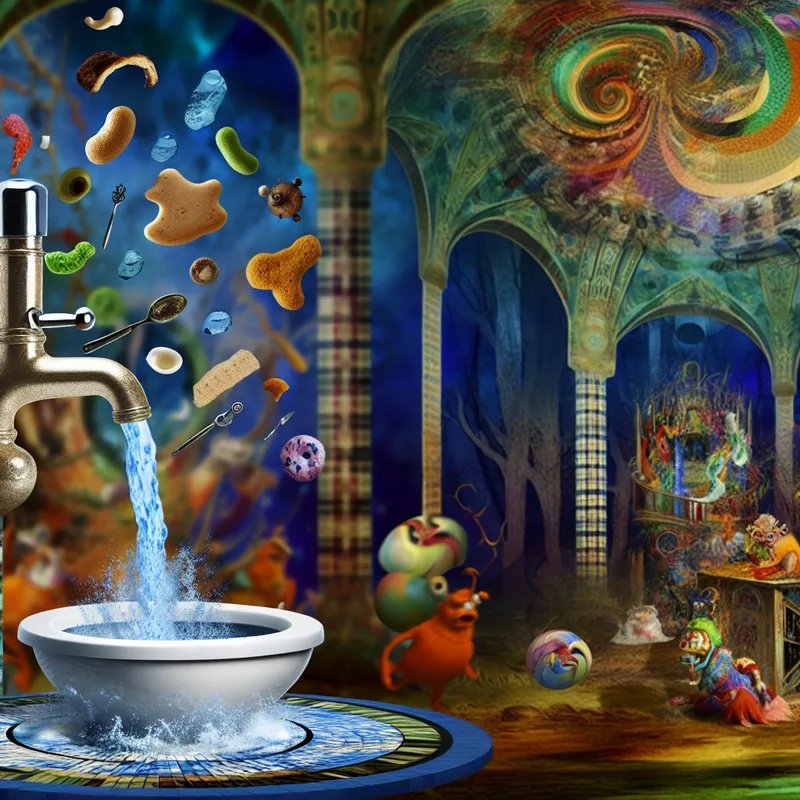 Een surrealistisch toilet in een fantasierijke badkamer, omringd door bizarre wezens en kleurrijke waterstralen.