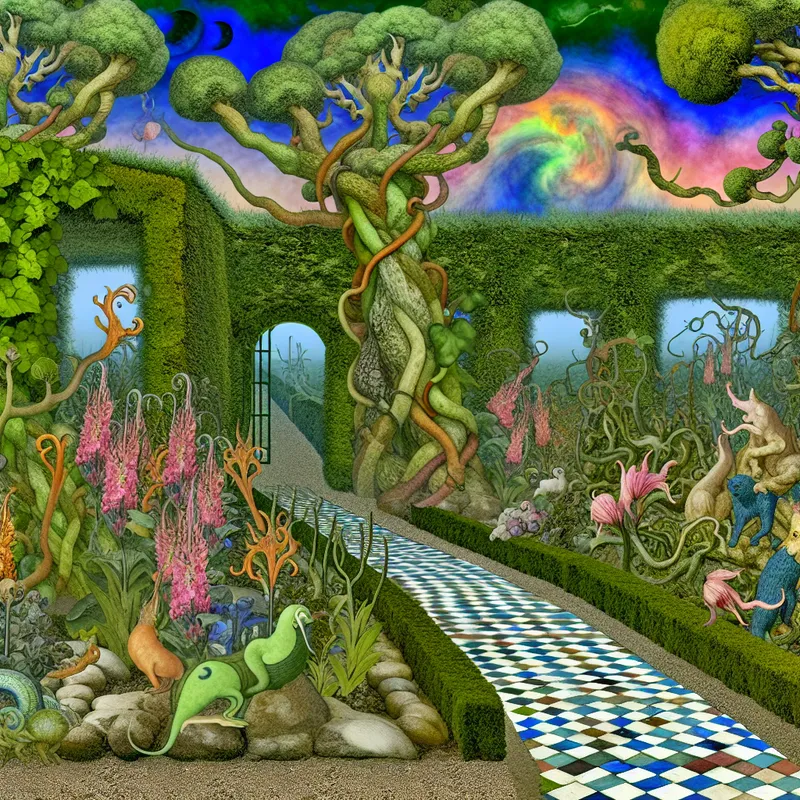 Surrealistische tuin met een kleurrijk betegeld pad en bizarre bloemen, geïnspireerd door Hieronymus Bosch