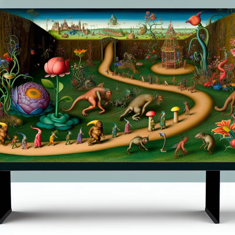 Een surrealistisch tuinpad met kleurrijke bloemen en speelse kinderen, geïnspireerd door Hieronymus Bosch.