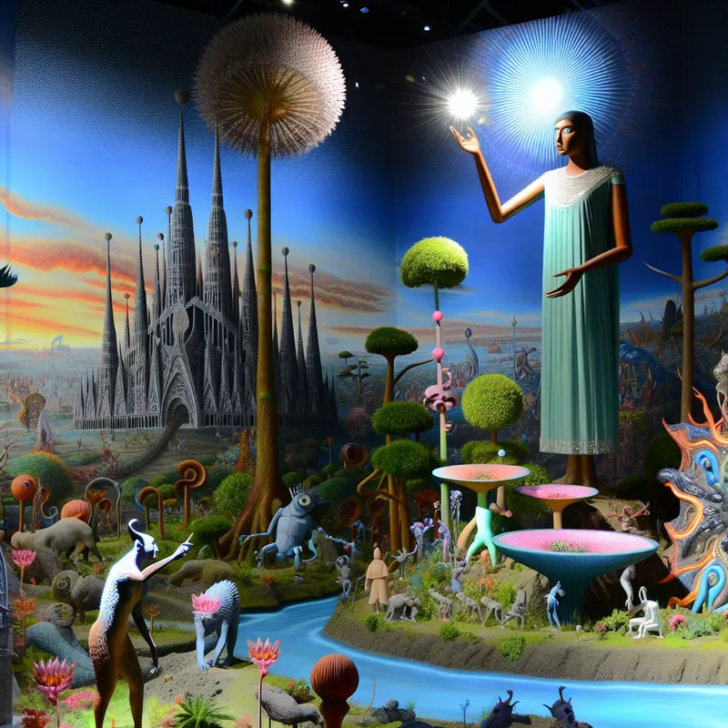 Surrealistisch landschap van een ideale wereld met een torenhoge vrouw die hoop uitstraalt, omringd door bizarre wezens en een mooie, vredige omgeving.