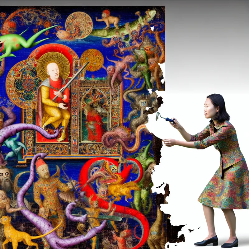 Een surrealistische scène met een figuur die zorgvuldig oude verf van een muur verwijdert, omringd door vreemde wezens en kleurrijke patronen.