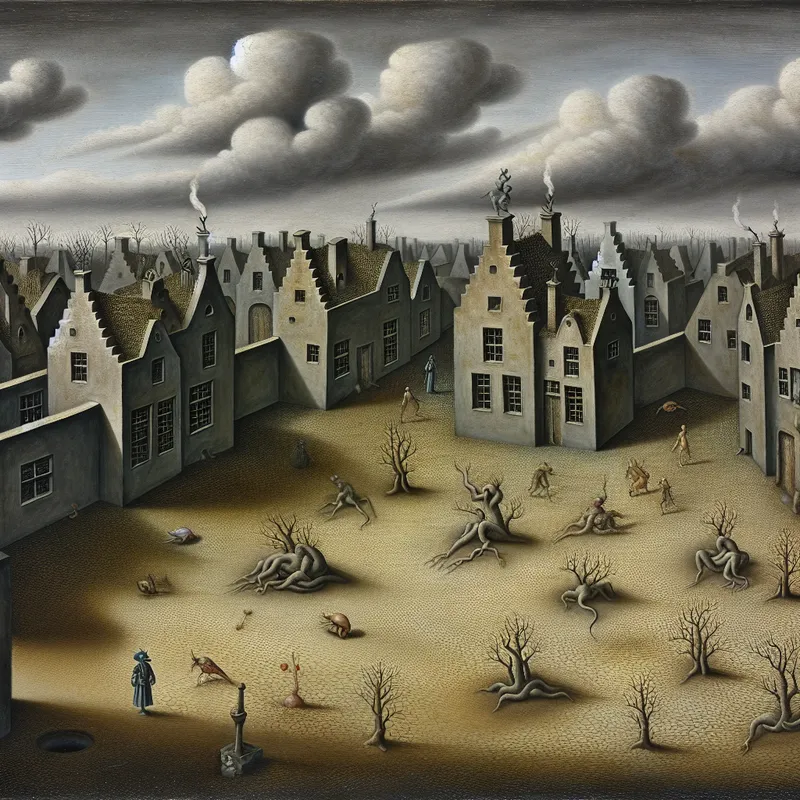 Surrealistische afbeelding van een verlaten dorp met weerloze huizen en vreemde wezens, in de stijl van Hieronymus Bosch.