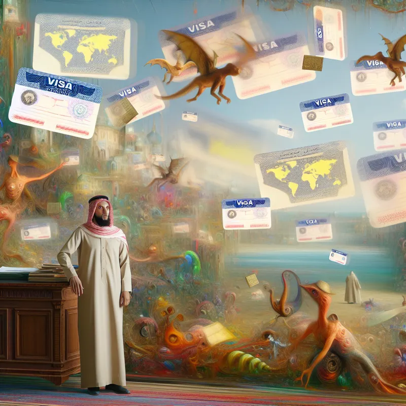 Een surrealistisch tafereel met een persoon voor een complexe bureautafel vol met vreemde wezens en vliegende documenten, die verschillende culturen vertegenwoordigen.