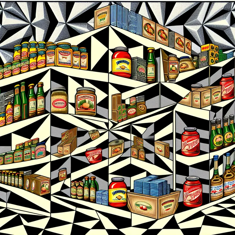 Surrealistisch beeld van een boodschappendisplay met kleurrijke voedselitems, waaronder blikken en potten met duidelijk zichtbare 'THT'-data.