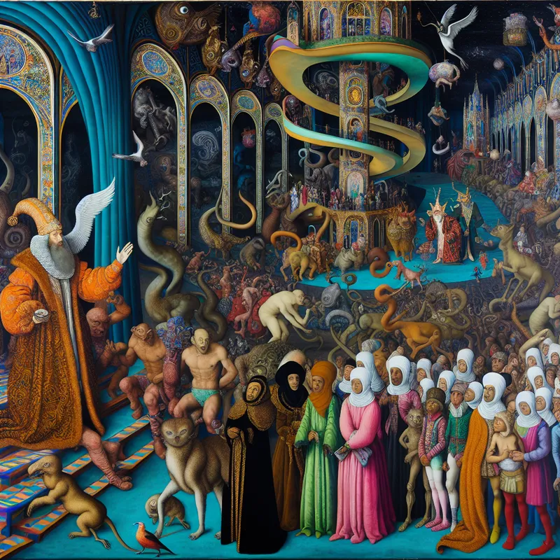 Een surrealistische scène van een groot welkomstfeest voor nieuwe studenten, met vreemde wezens en een gastheer die nieuwe studenten verwelkomt.