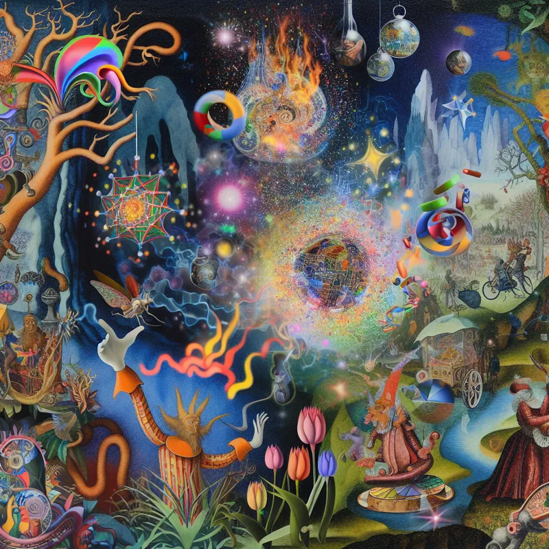 Een surrealistisch wezen dat de drang om iets te proberen verbeeldt, reikt naar een kleurrijk bordspel te midden van bizarre elementen.