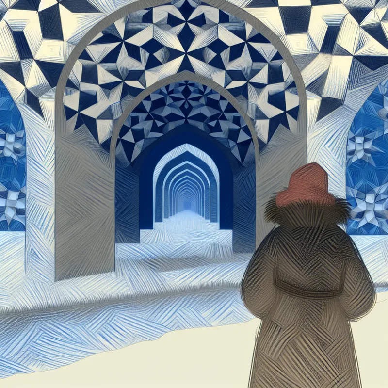 Surreal winter landscape with a figure under an archway, snowflakes and trees in the background