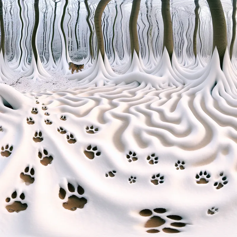 Surreal winter landscape with intricate animal tracks in snow, showcasing Escher's geometric precision.